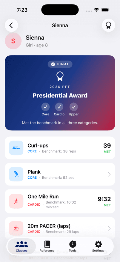 iPhone screenshot of a student profile with the Presidential Award gradient card.