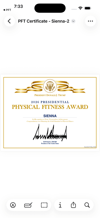 iPhone showing a filled Presidential Physical Fitness Award certificate with the student name and date populated.