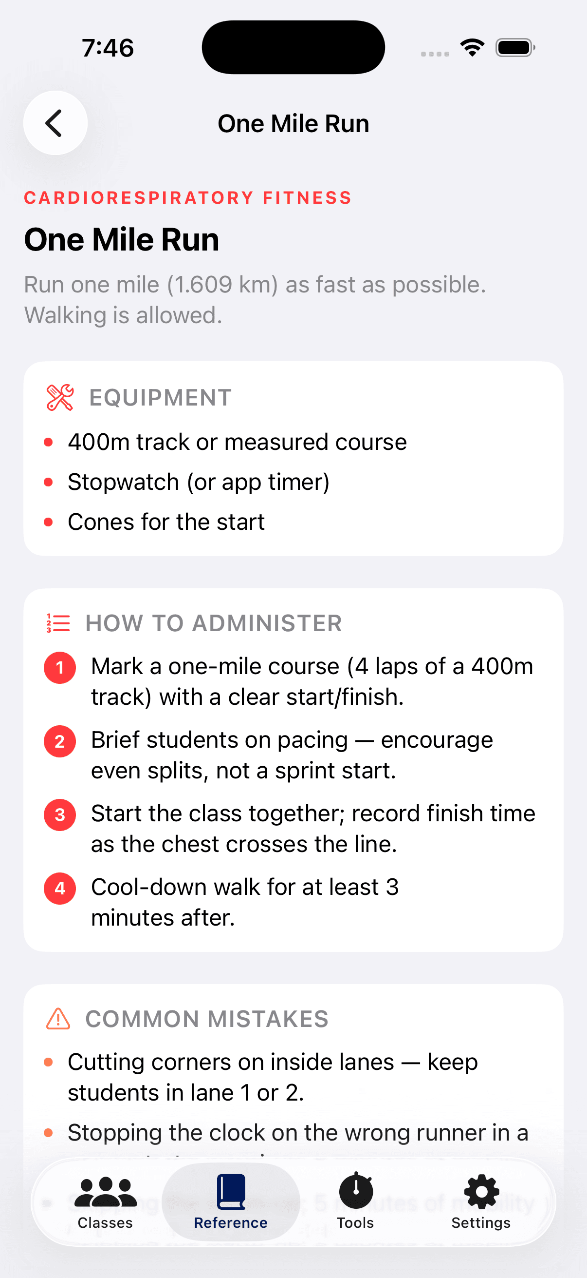 iPhone screenshot of the One Mile Run event protocol page, with equipment list and how to administer steps.