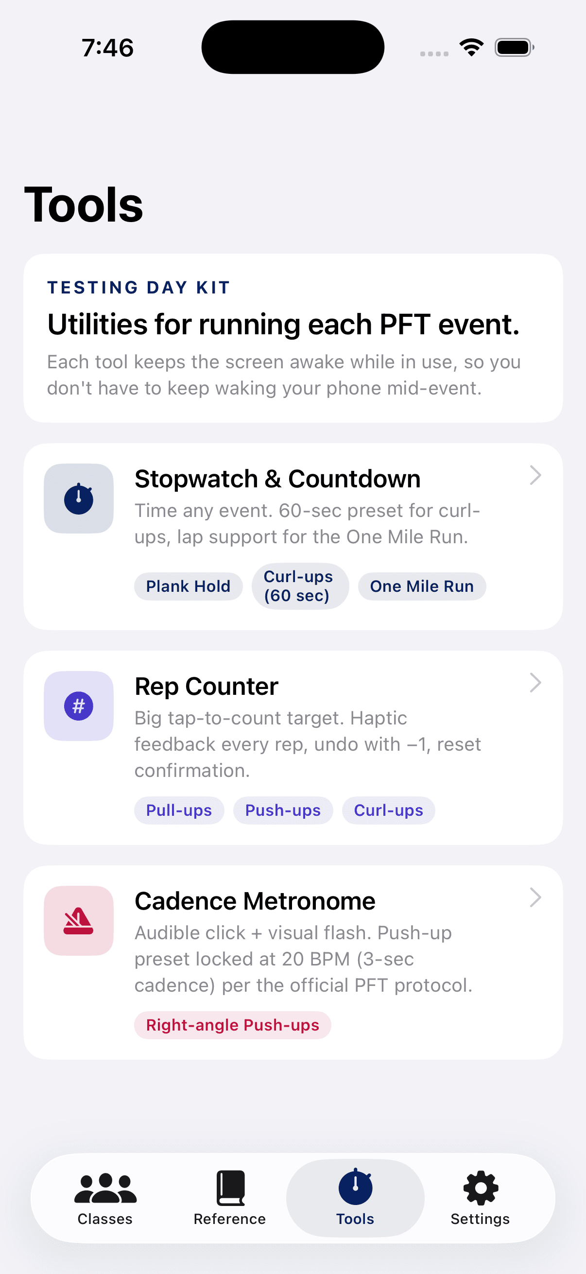 iPhone showing the PFT Tools tab with Stopwatch, Rep Counter, and Cadence Metronome cards.